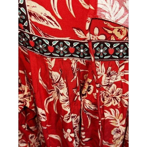 Beach Lunch Lounge Midi Dress SZ L Red FLORAL BOHO  Cottagecore Boho Rayon - Picture 4 of 6